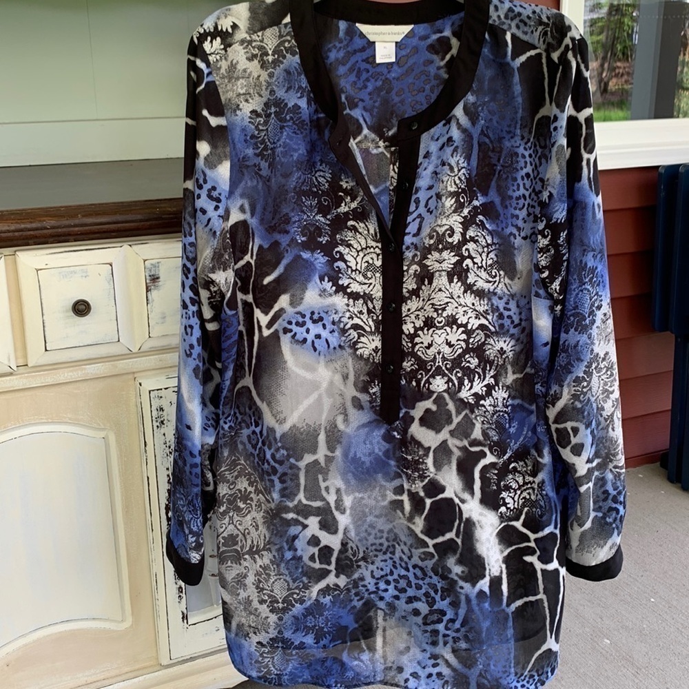 Christopher Banks blouse plus size XL animal print cobalt blue band black